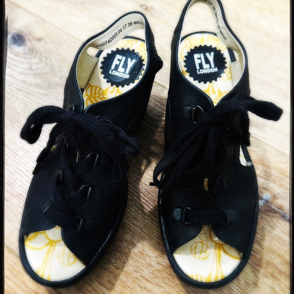 Fly London Black Leather Tie Sandals